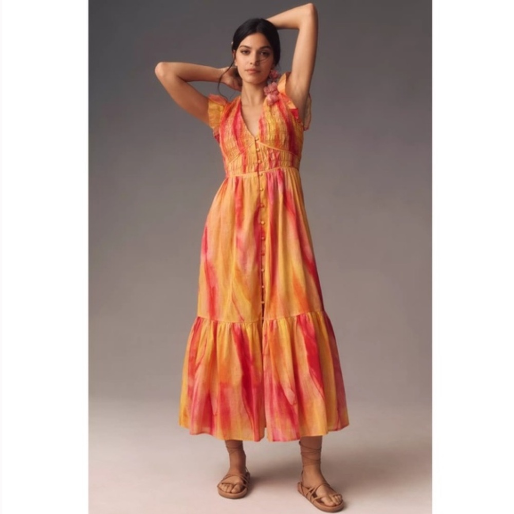 Anthropologie Yellow and Pink Tie-Dye Midi Dress